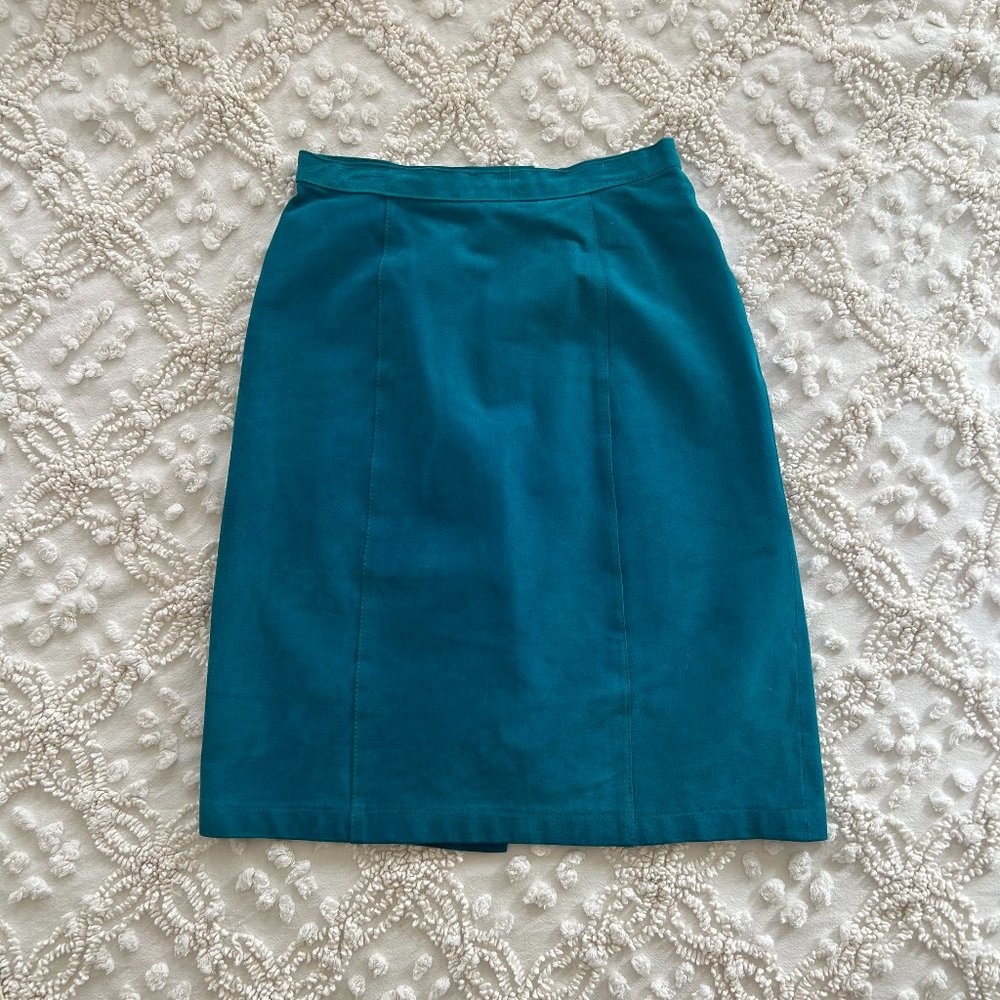 Fox Run 90s Vintage Leather Suede Pencil Skirt- Teal- Used, Excellent Condition
